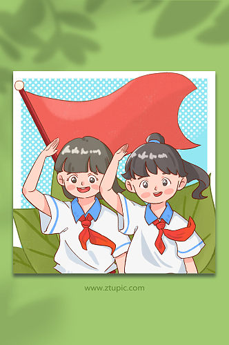 红领巾少先队员学生女孩爱国插画