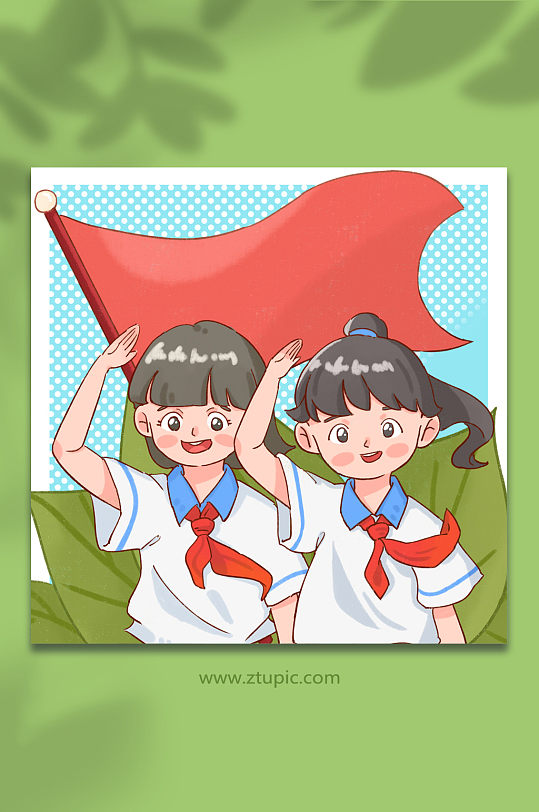 红领巾少先队员学生女孩爱国插画-众图网