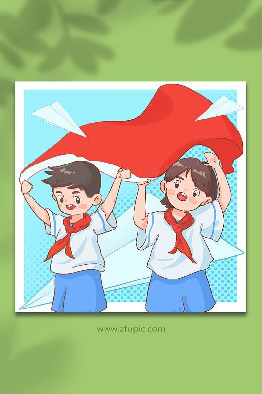 红旗飘飘红领巾少先队员学生爱国插画