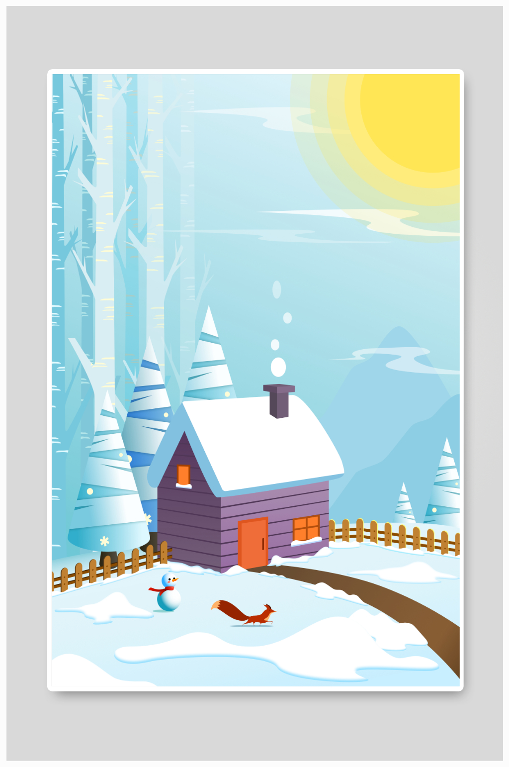 森林小屋狐狸雪人冬季雪景矢量插画素材