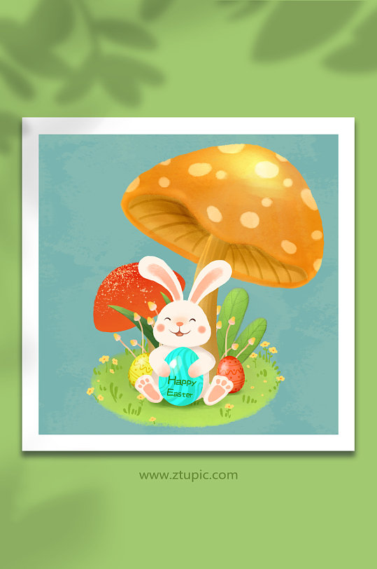 卡通蘑菇植物手绘复活节兔子彩蛋插画元素