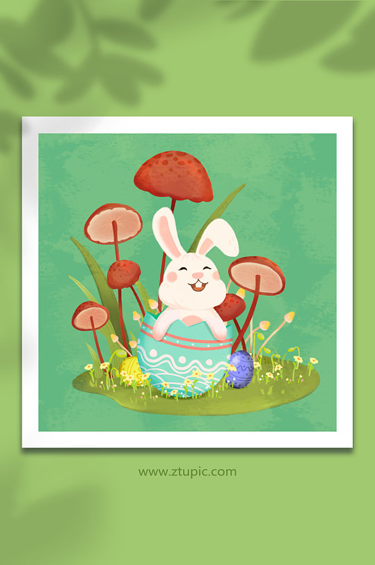 手绘卡通蘑菇植物复活节兔子彩蛋插画元素