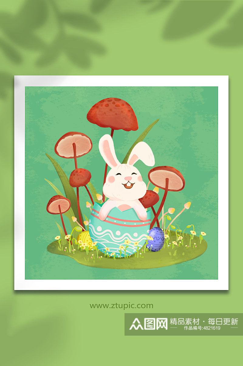 手绘卡通蘑菇植物复活节兔子彩蛋插画元素素材