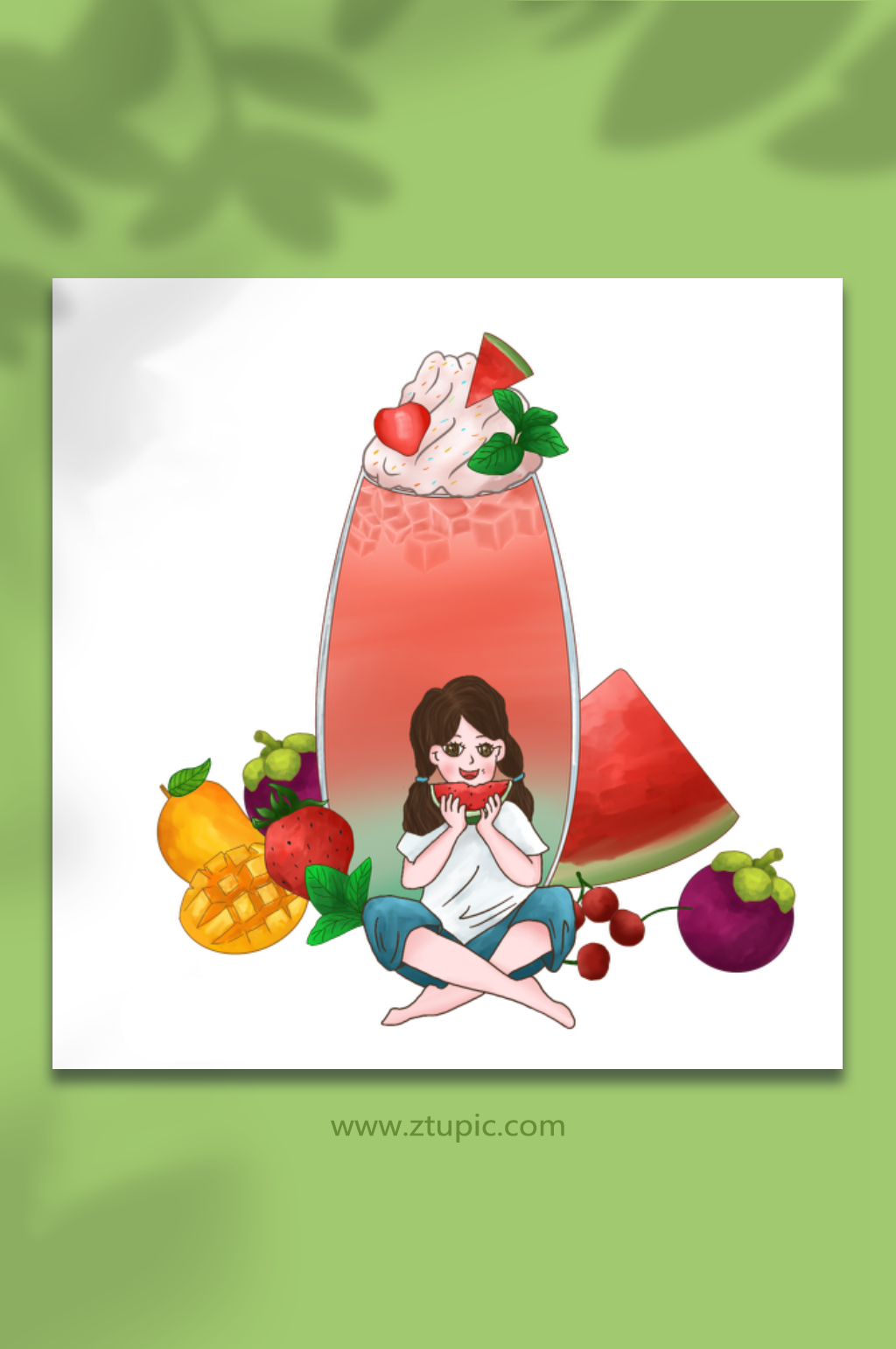 夏至冷饮西瓜水果女孩夏季插画素材