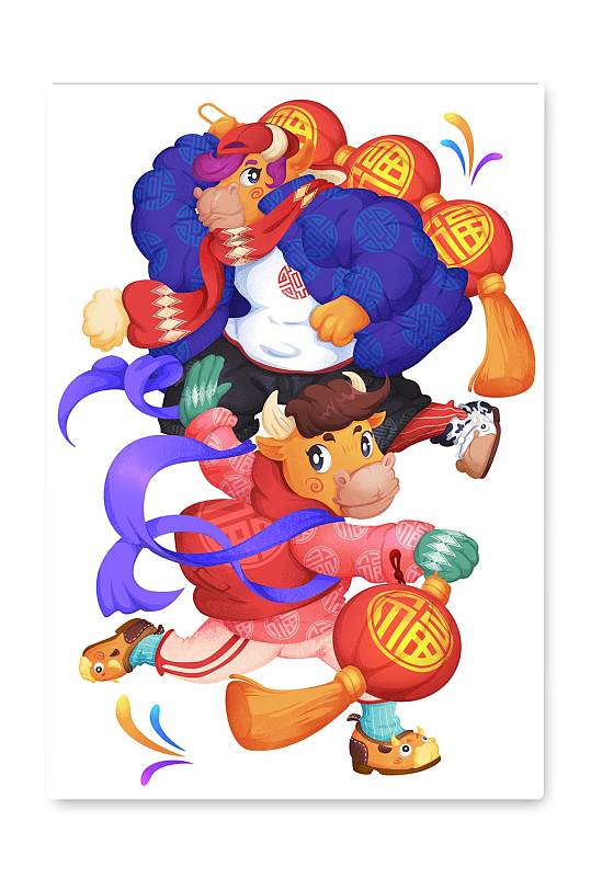牛舞灯笼竖版卡通人物插图
