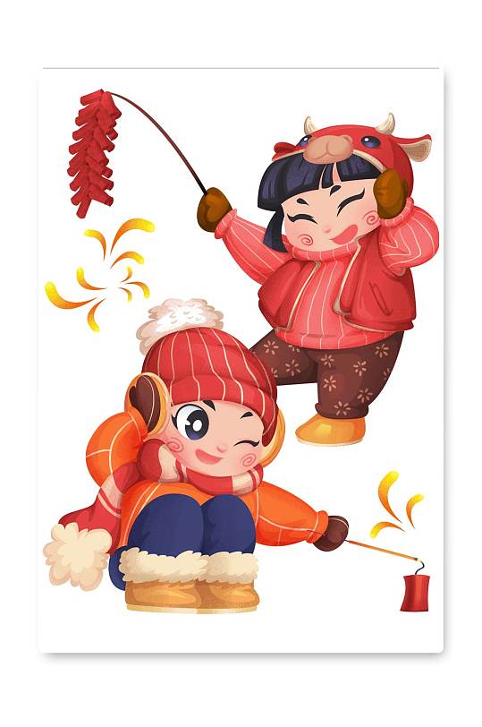 牛年卡通插画中国春节福牛点鞭炮立即下载鞭炮篝火油漆手掌矢量免扣