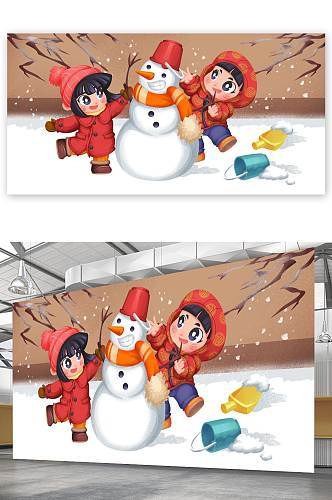福娃堆雪人新年插图素材