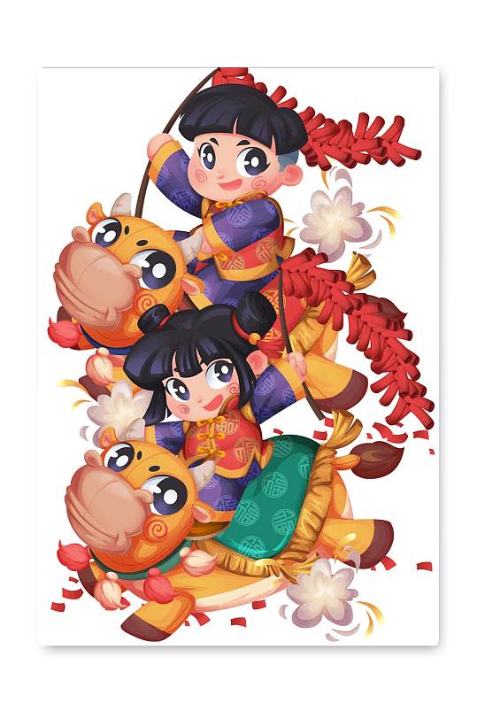 福娃骑牛放鞭炮新年插图素材