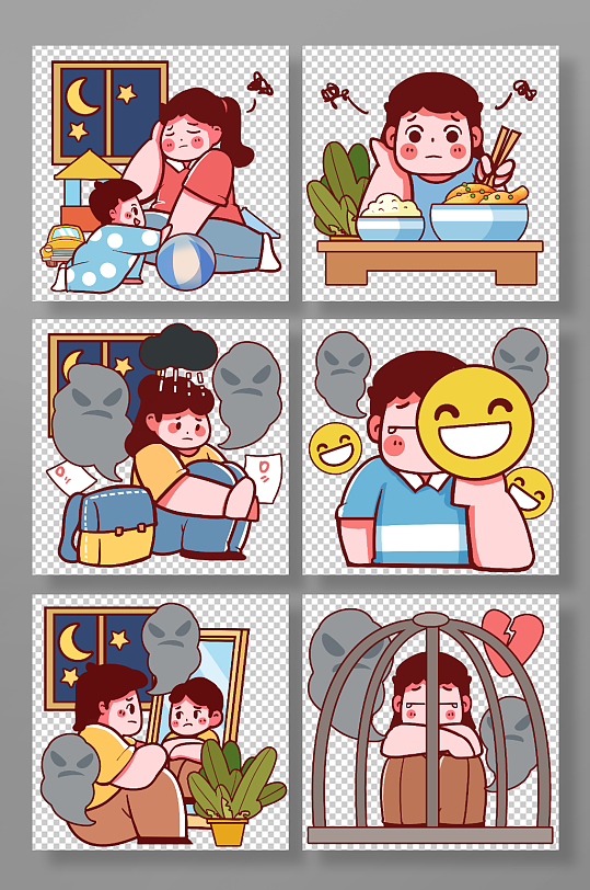 心理疾病焦虑抑郁症生病插画元素-众图网