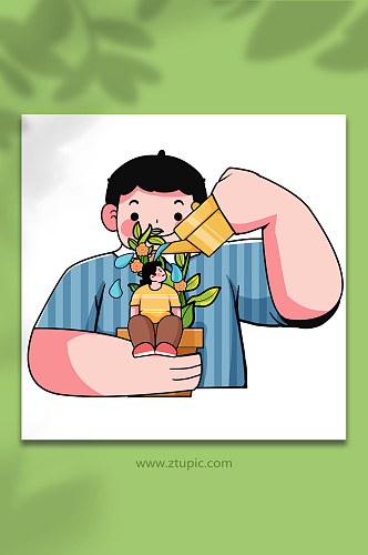 植树节小人国灌溉小花植物人物插画