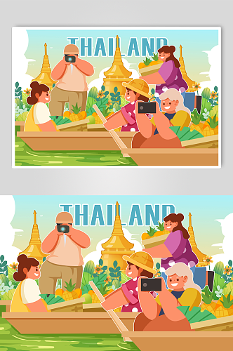 泰国小船风景风俗旅游风光人物插画