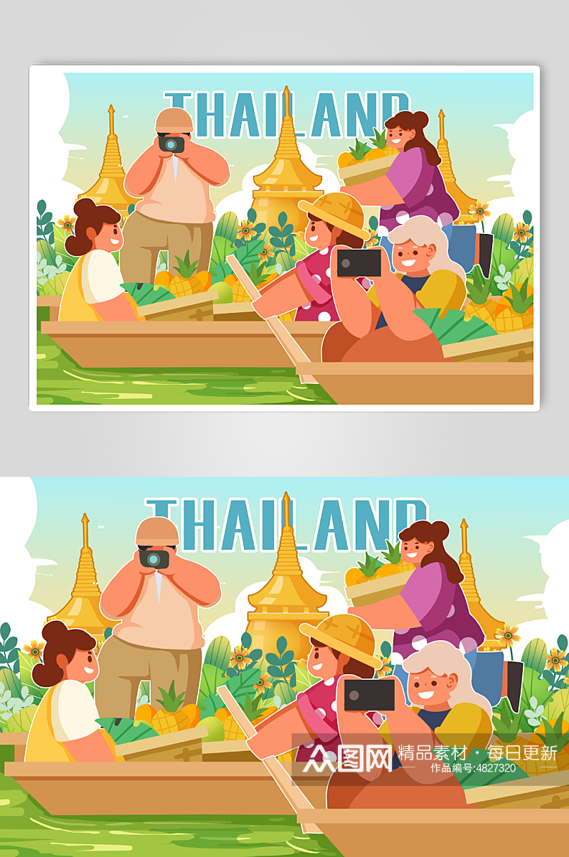 泰国小船风景风俗旅游风光人物插画素材