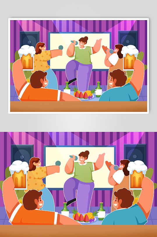 表演聚会喝酒ktv唱歌k歌聚会人物插画