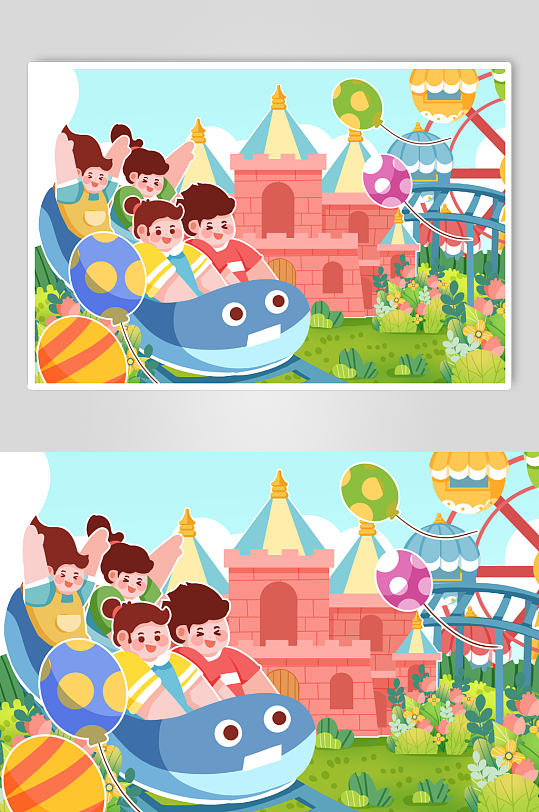 儿童游乐园过山车游乐场人物插画