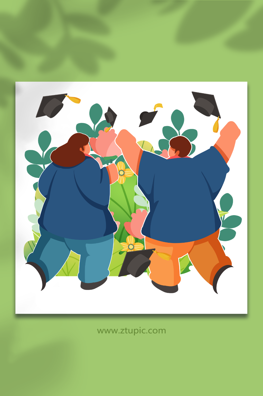 毕业季学生学士服毕业扔帽子人物插画素材