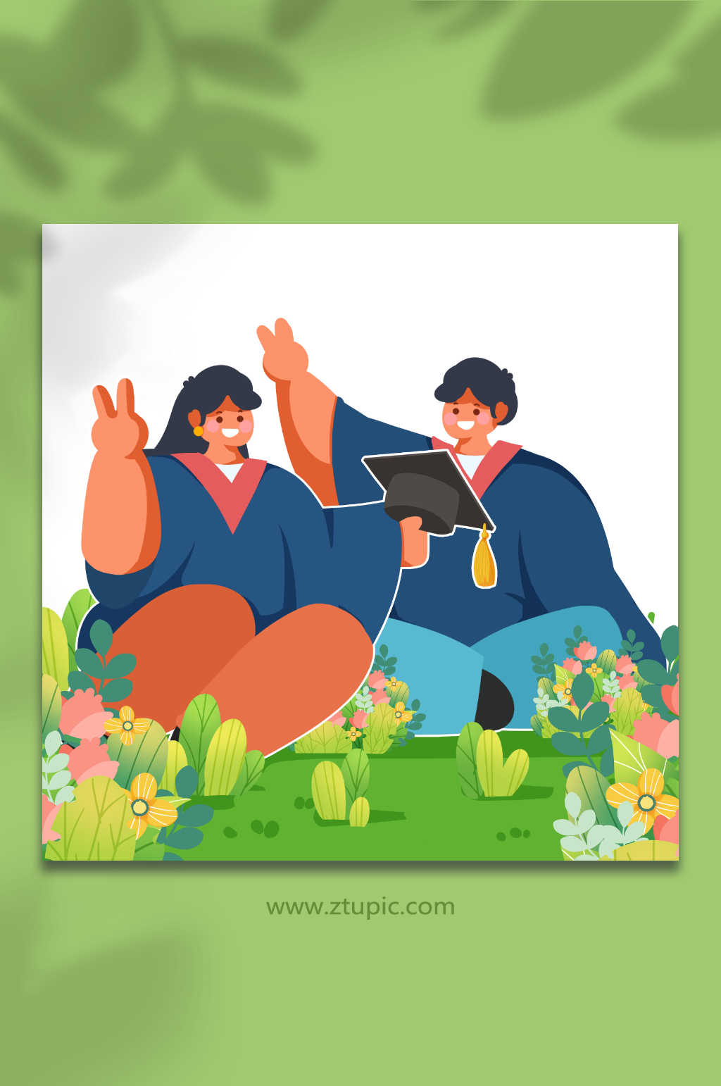 毕业季学生学士服毕业合影人物插画素材
