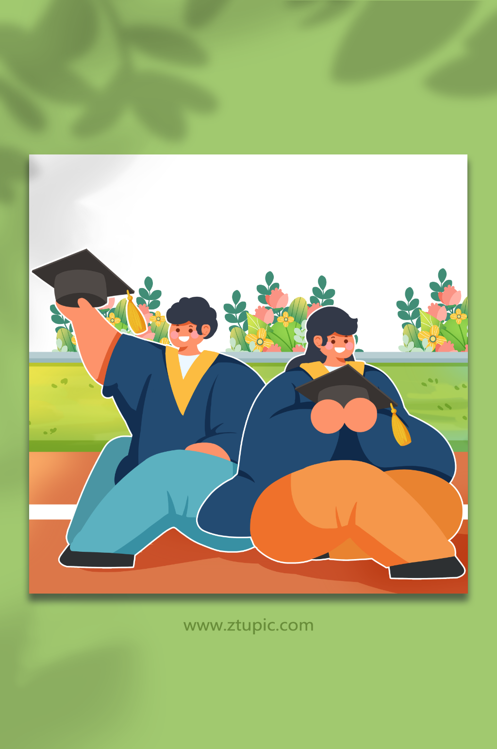 毕业季学生学士服毕业操场人物插画素材