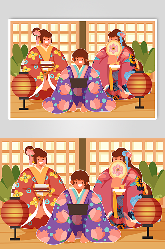 日本和风和服少女女生屋内人物插画