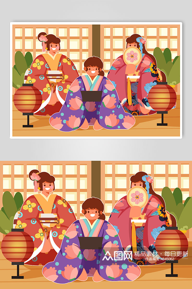 日本和风和服少女女生屋内人物插画素材