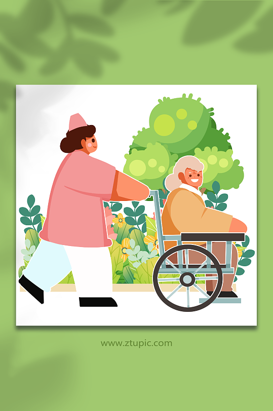 护士推老人轮椅人物插画元素