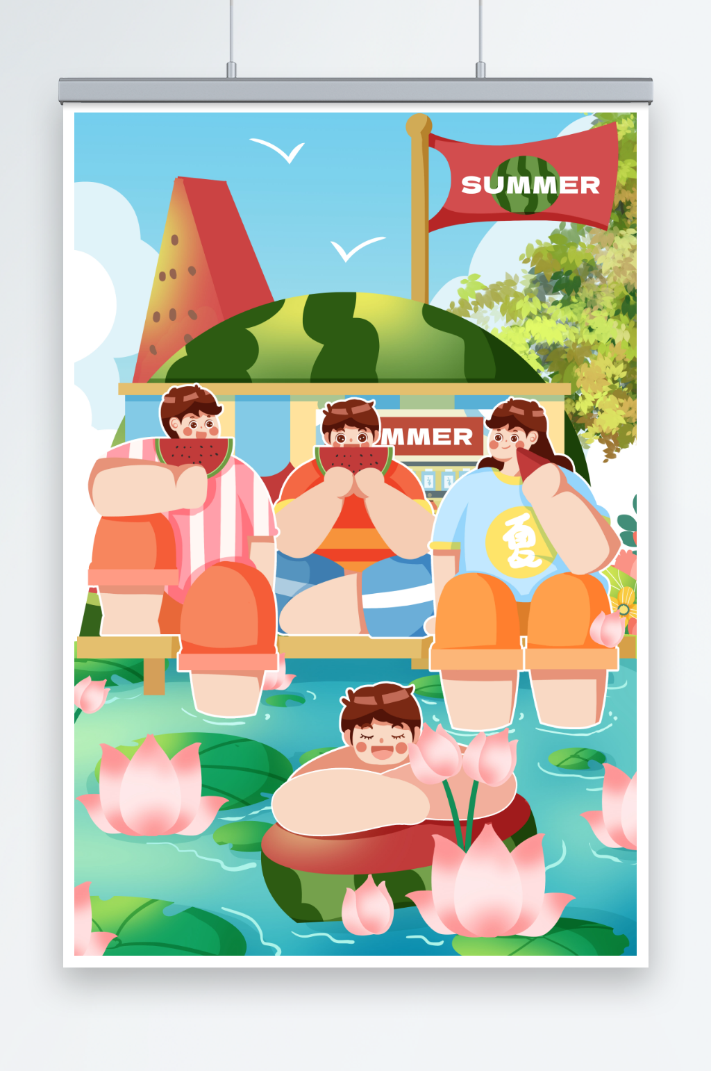 立夏炎热吃西瓜溪边乘凉节气人物插画素材