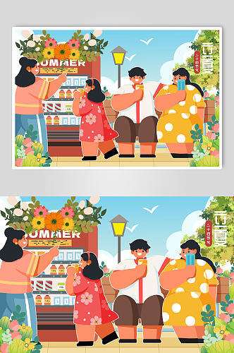 立夏海边贩卖机买饮料冰糕夏天节气人物插画