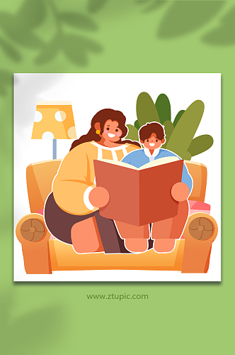 亲子看书阅读母亲节人物插画元素