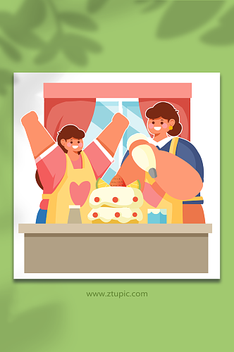 亲子一起做蛋糕母亲节人物插画元素