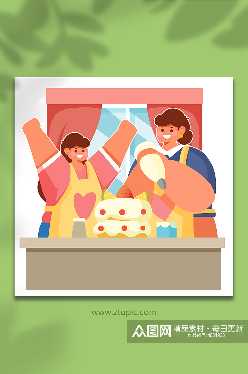 亲子一起做蛋糕母亲节人物插画元素素材