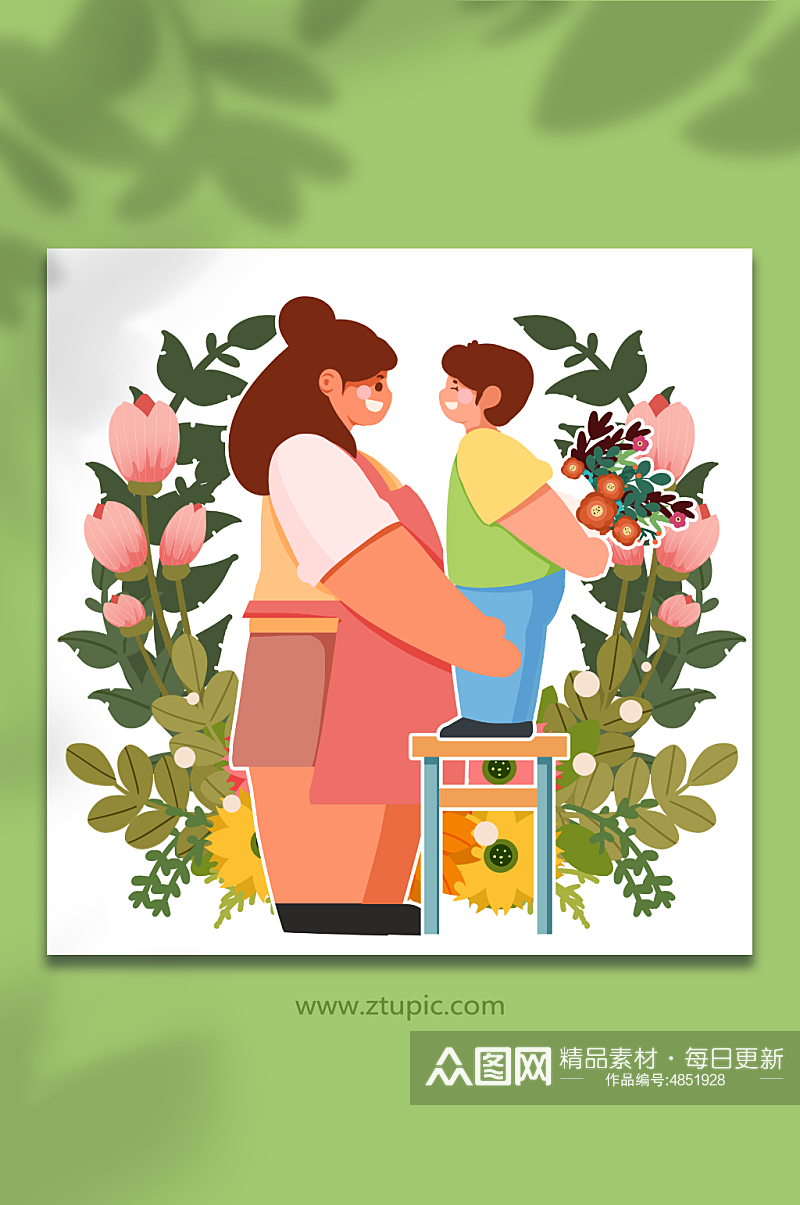 偷偷献花给妈妈母亲节人物插画元素素材