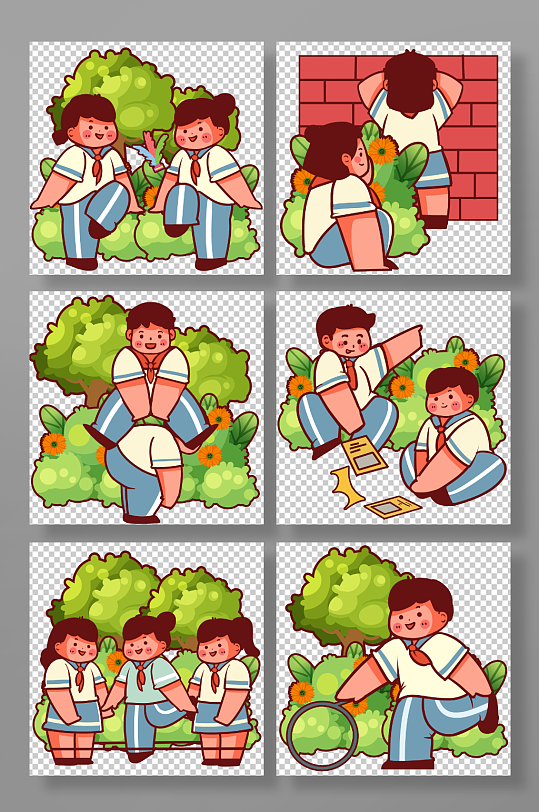 复古怀旧儿童节玩游戏同学人物插画元素-众图网