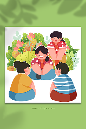 复古怀旧儿童节丢手绢游戏人物插画元素素材下载-众图网