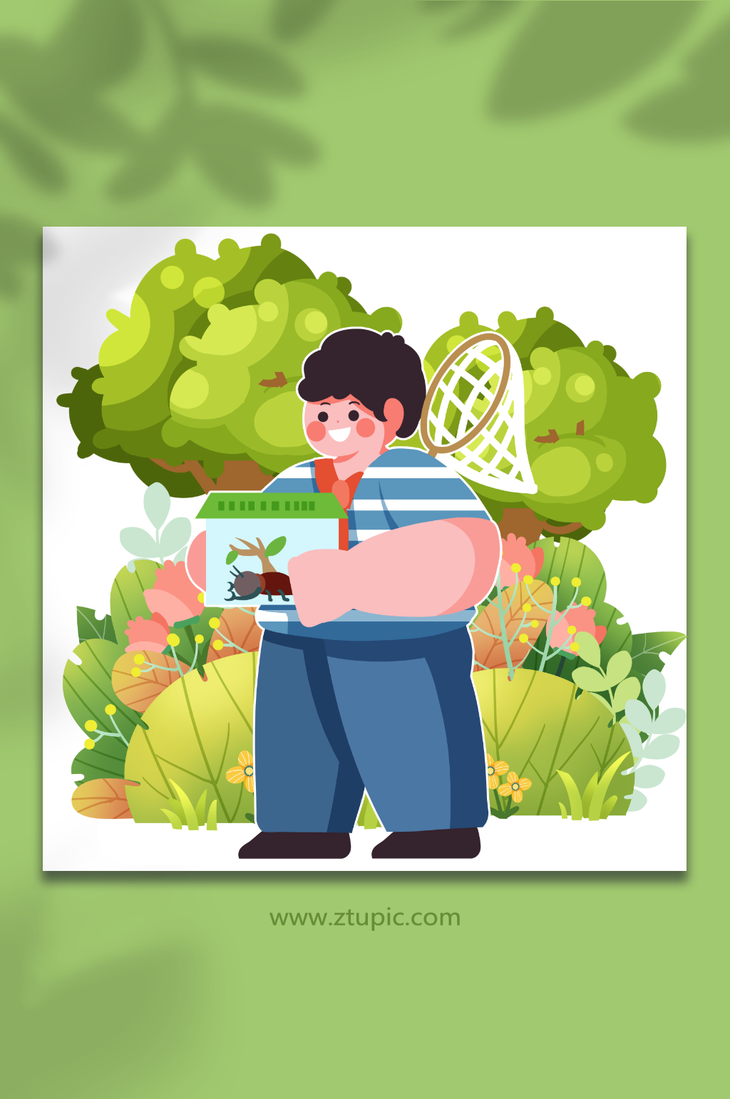 复古怀旧儿童节捉甲虫游戏人物插画元素素材