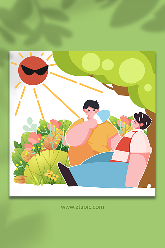 夏季炎热预防中暑树荫休息人物插画