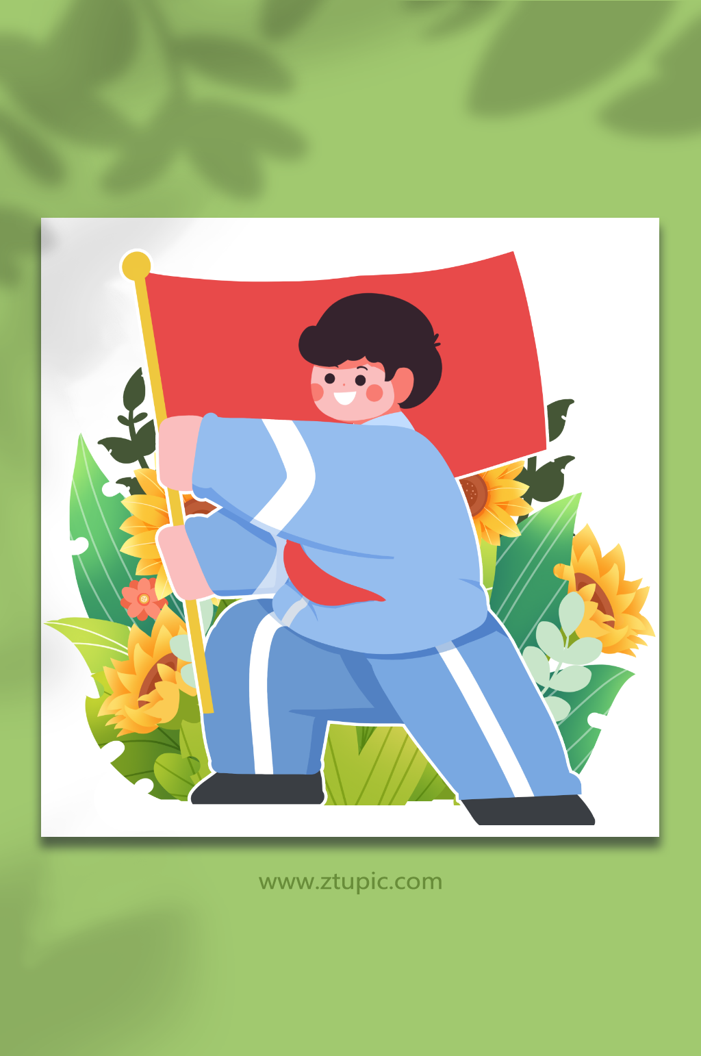 挥红旗少先队员红领巾人物元素插画素材