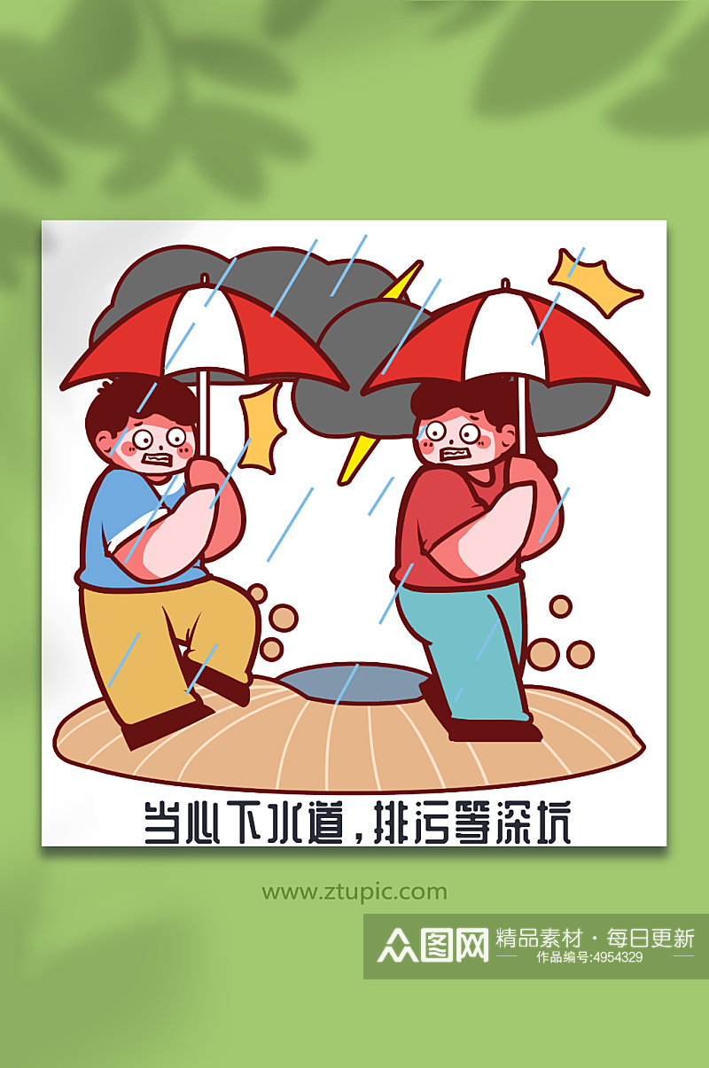 注意下水道夏季防洪防汛人物插画元素素材