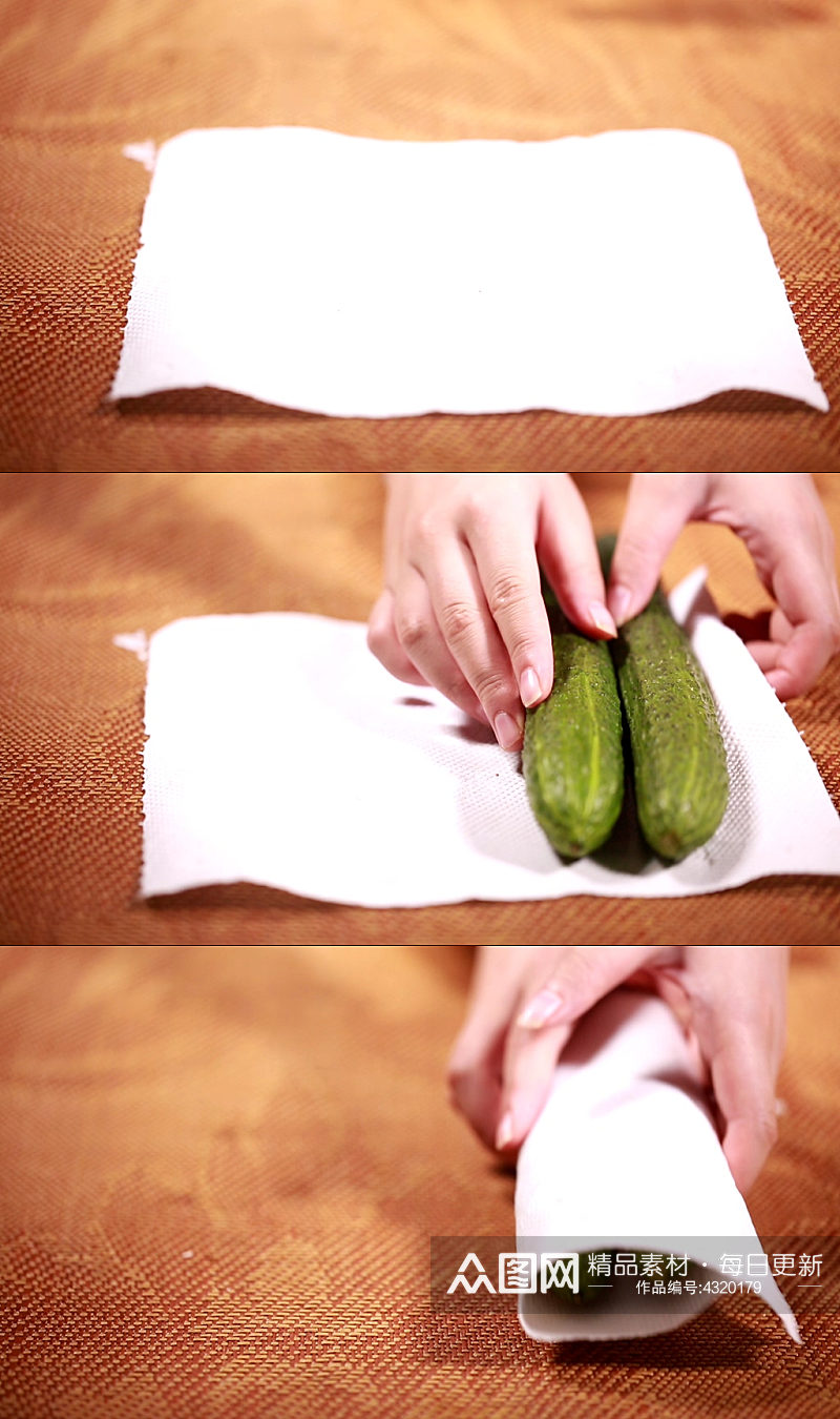 厨房纸擦拭保存黄瓜实拍素材