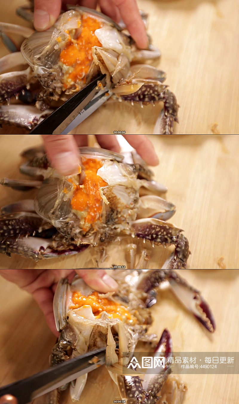 处理梭子蟹去蟹腮内脏实拍素材