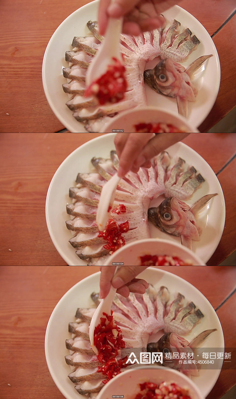 蒸熟的鱼肉装盘视频素材