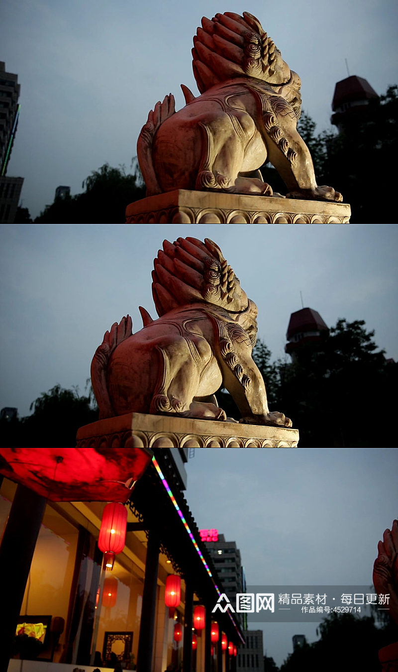古典建筑石狮子红灯笼夜景视频素材