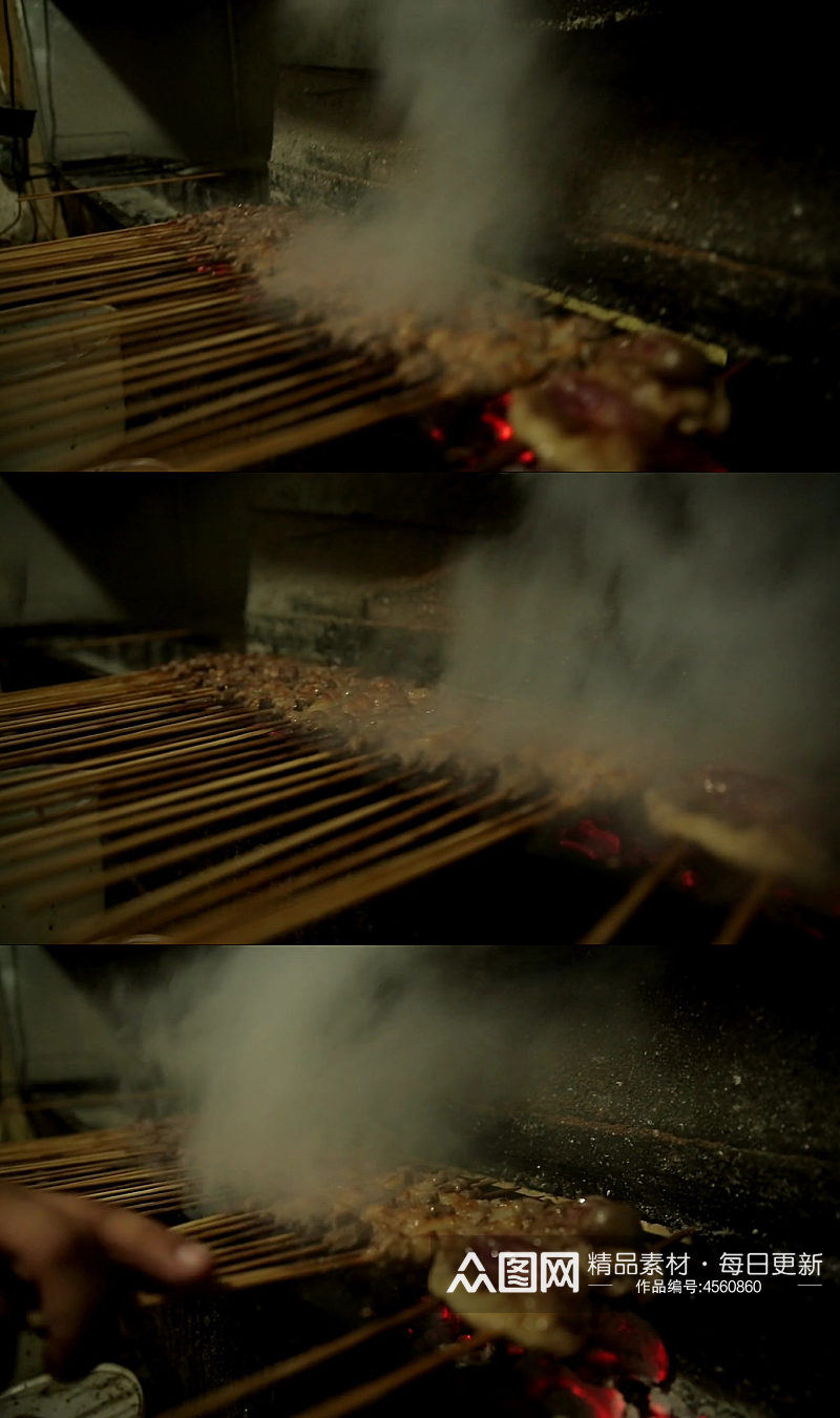 炭火浓烟烧烤羊肉串实拍素材