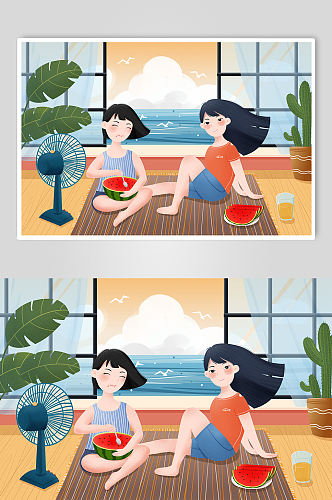 吃西瓜的两个女孩二十四节气夏至插画