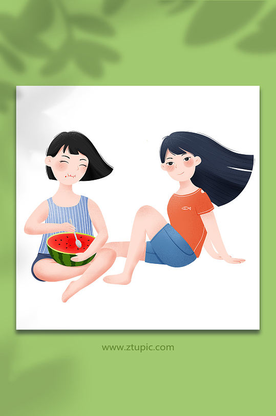 夏天夏至吃西瓜的女孩免扣元素