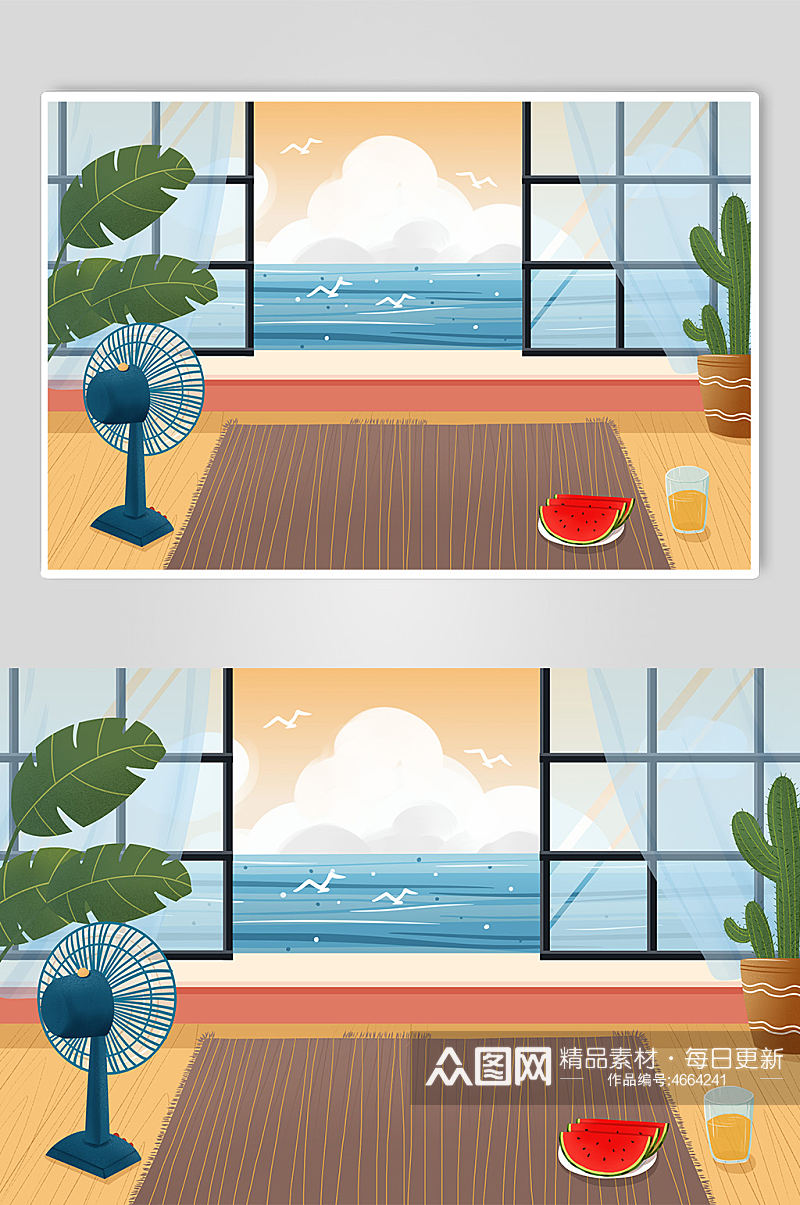 夏至海洋和天空风景背景插画素材
