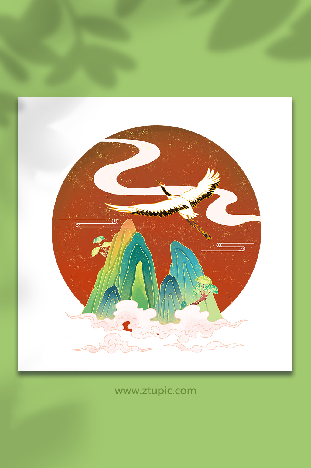 仙鹤和山川国潮山水元素插画素材