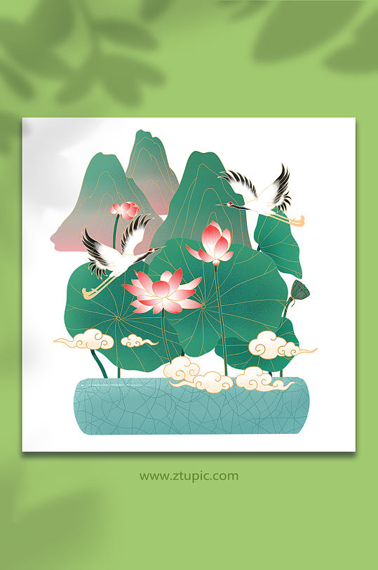 仙鹤荷花国潮山水元素插画-众图网