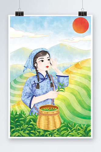 采茶女茶叶采茶人物插画