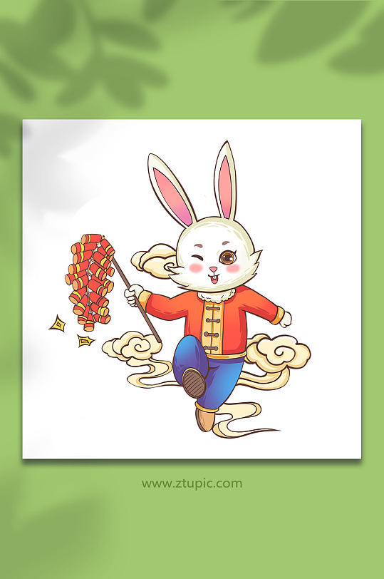 国潮风兔年拿鞭炮的兔子元素插画