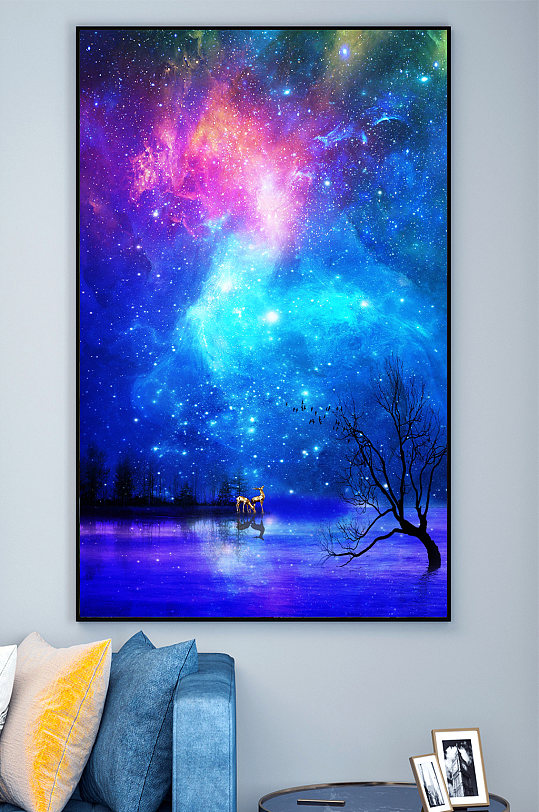 麋鹿与蓝色星空装饰画