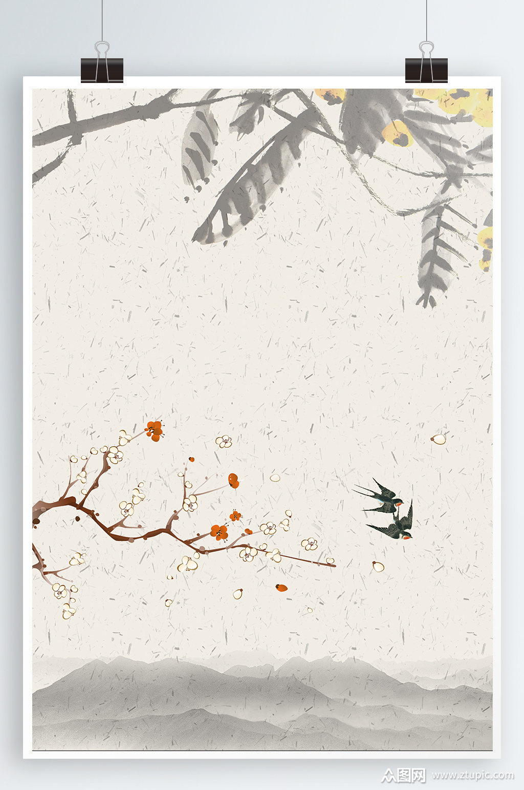 中式海报背景手绘花鸟模板下载-编号405963-众图网